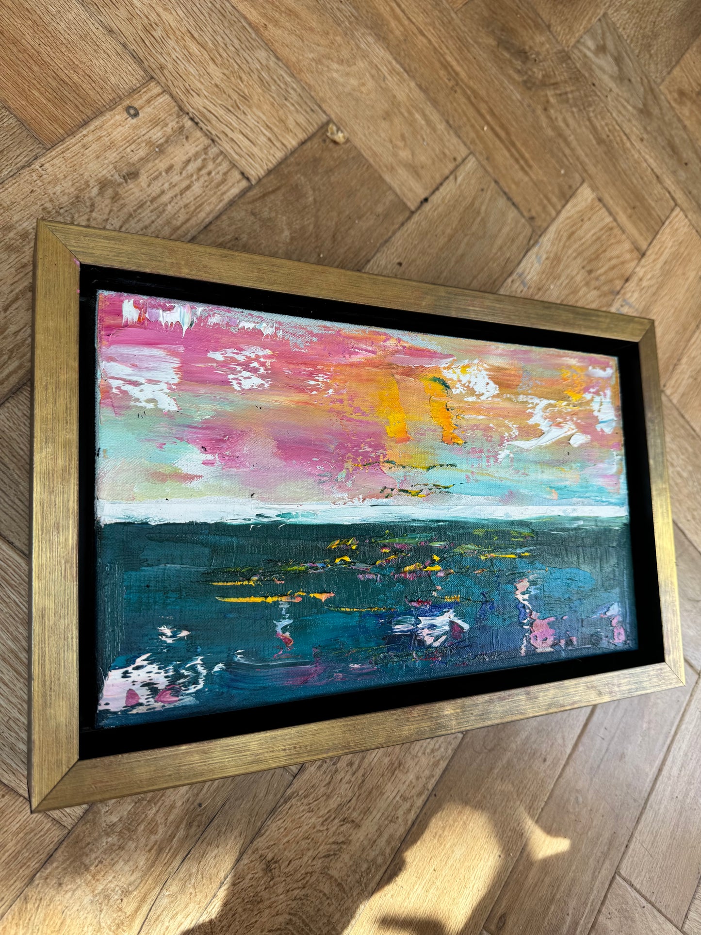 Framed in gold Original Abstract contemporary Oil Painting On Canvas 36x23cm textured Rose Gold sea