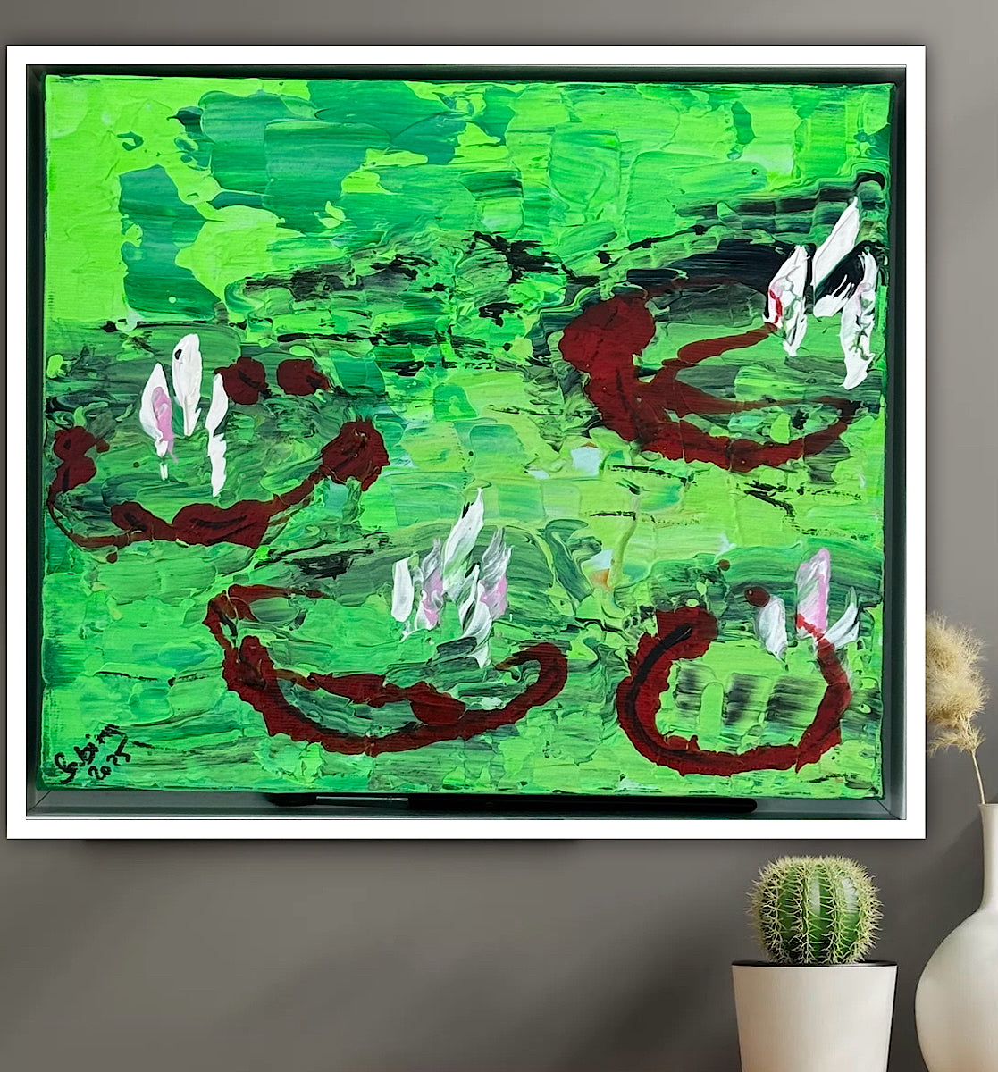 Framed Original Abstract contemporary Oil Painting On Canvas 36 x 33cm  Lily Pond oka