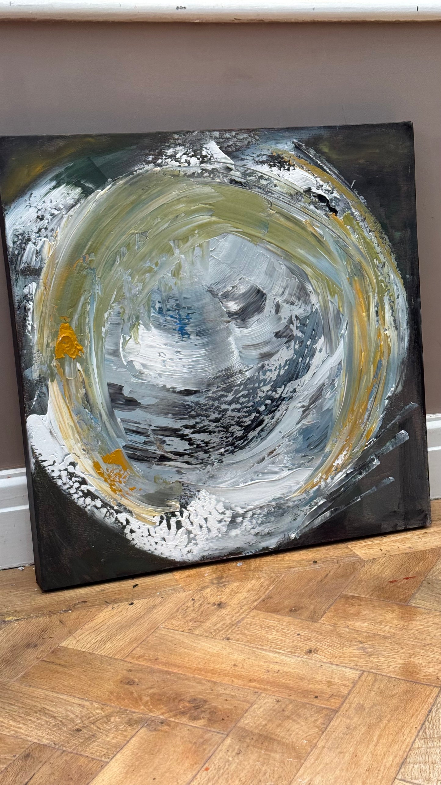 Original Abstract mixed media oil acrylic wax Painting On Canvas 50x50cm Gold & Ash Orbit oka