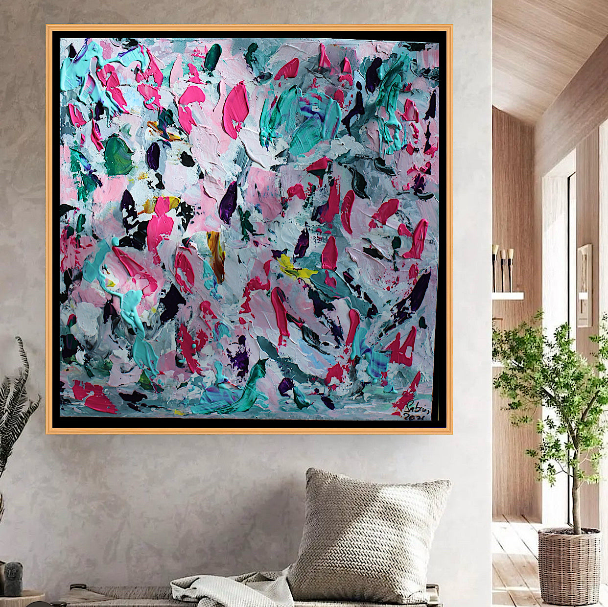 Abstract Original Oil Painting On 50x50cm canvas textured Painting ‘Summer Garden’ Oka framed in solid oak frame