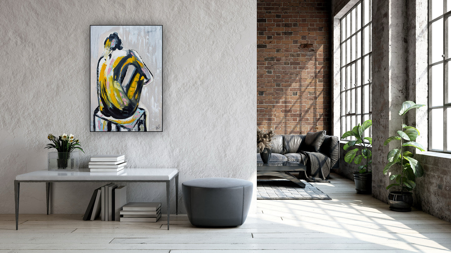 Contemporary Abstract Original Oil Painting On Canvas 90x60cm Seating Nude oka