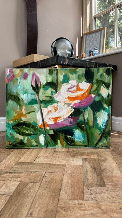 Renoir Summer white Roses Original abstract Oil Painting On Canvas 60x46cm