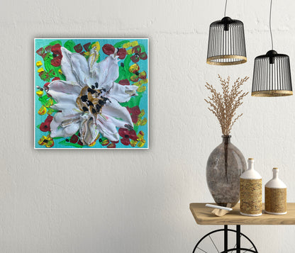 Modern Abstract Original Oil Paintings On 4cm deep Canvas ‘white flower ’  15x15cm textured