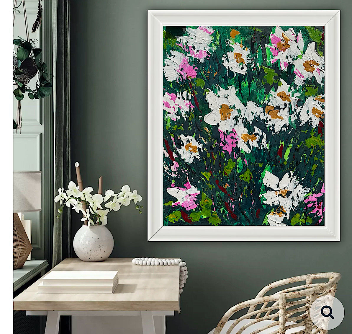 Original Abstract Oil Painting On Canvas board 60 x 50cm garden white flowers I Oka