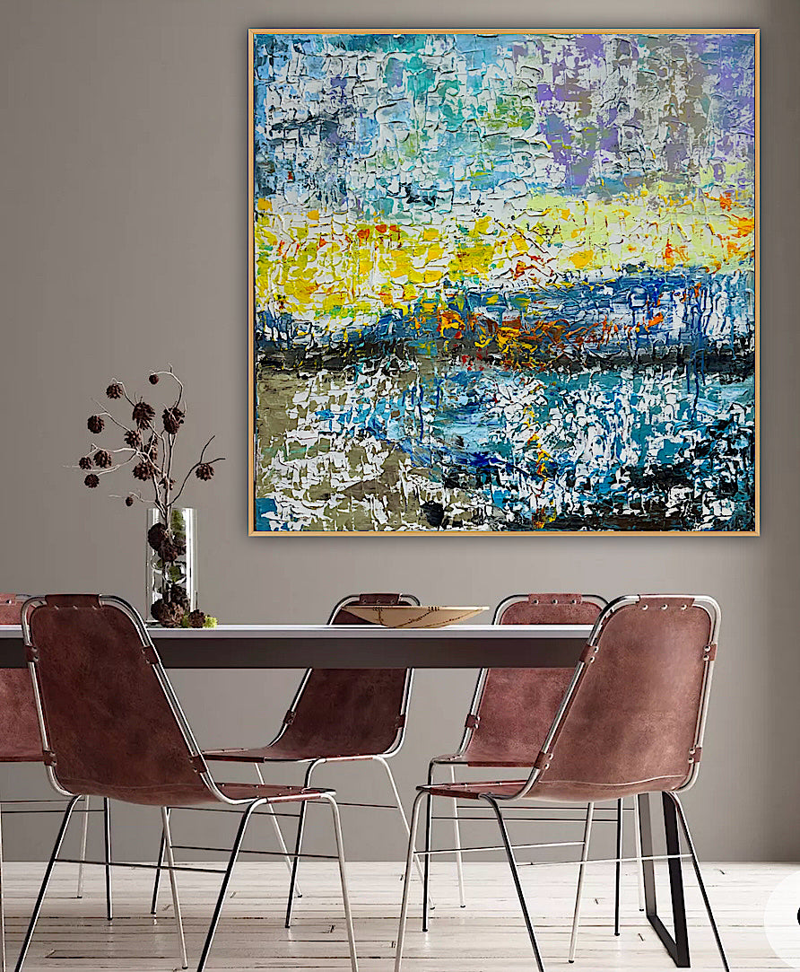 Original Abstract Oil Painting On Canvas Textured 100x100cm  Tides of Radiance (seaside)