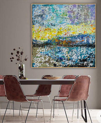 Original Abstract Oil Painting On Canvas Textured 100x100cm  Tides of Radiance (seaside)