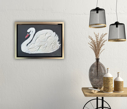 Framed in gold textured Original Contemporary Abstract Oil Painting On Canvas 33x25cm White Swan