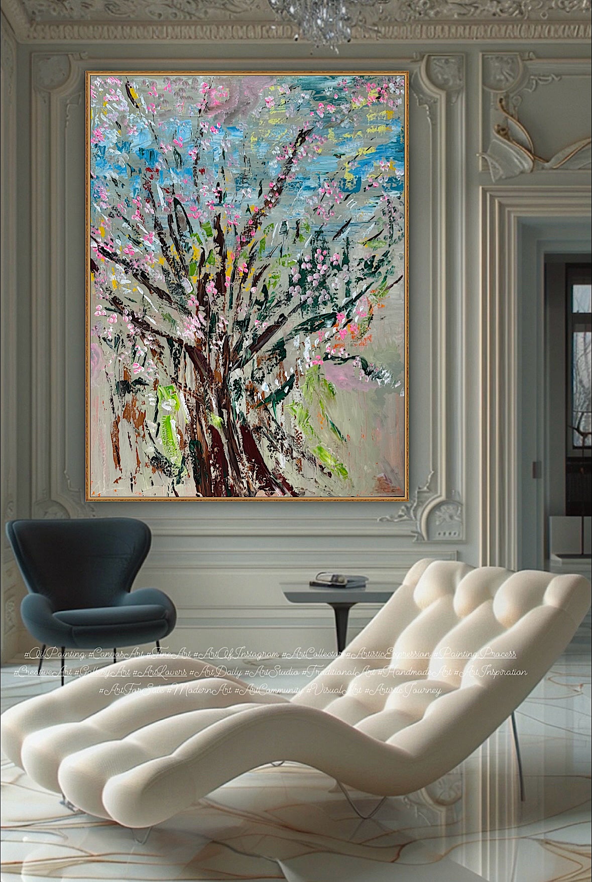 Original textured abstract expressionist oil painting on canvas . Size 122 x 92cm Cherry Blossom