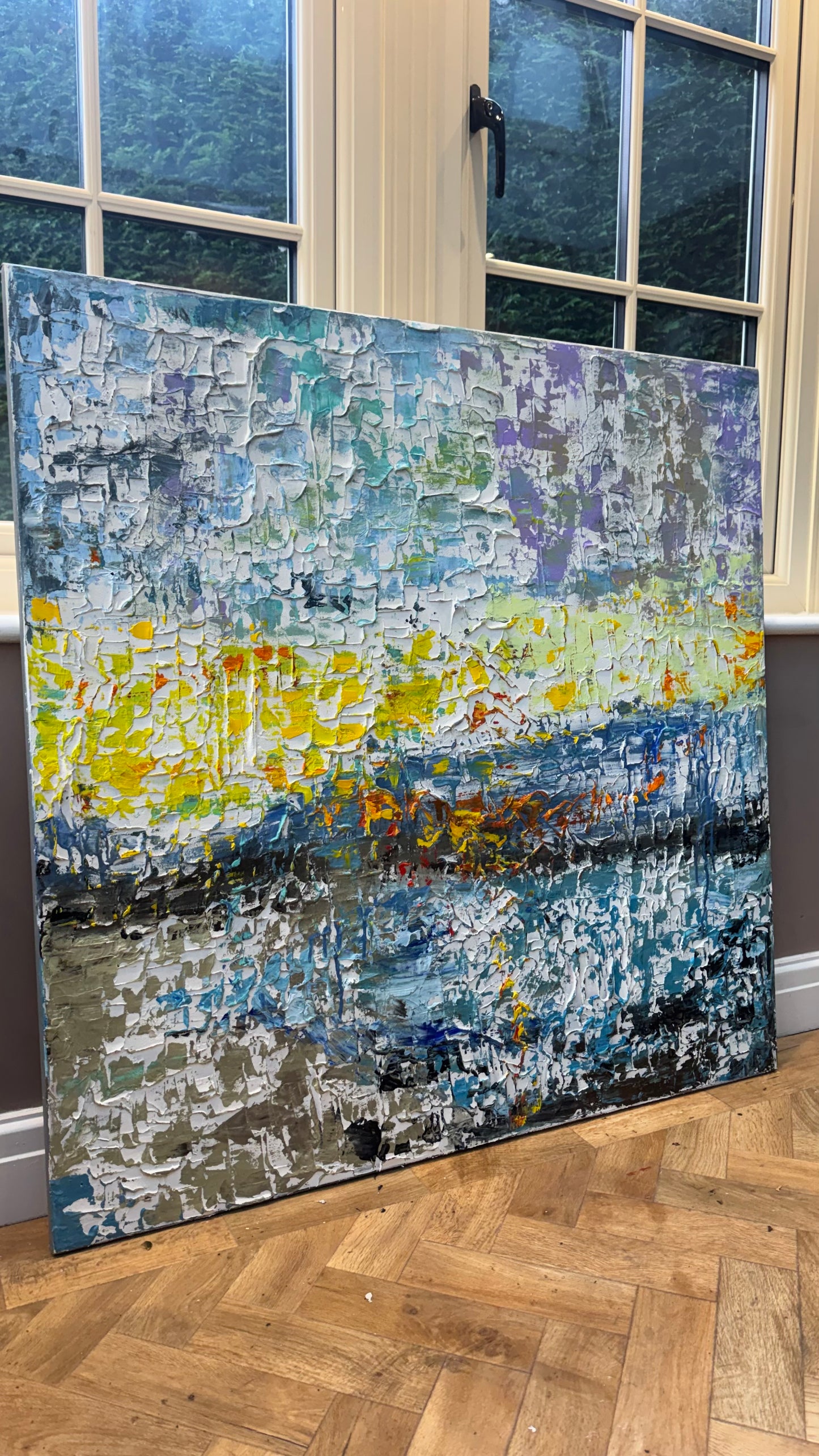 Original Abstract Oil Painting On Canvas Textured 100x100cm  Tides of Radiance (seaside)