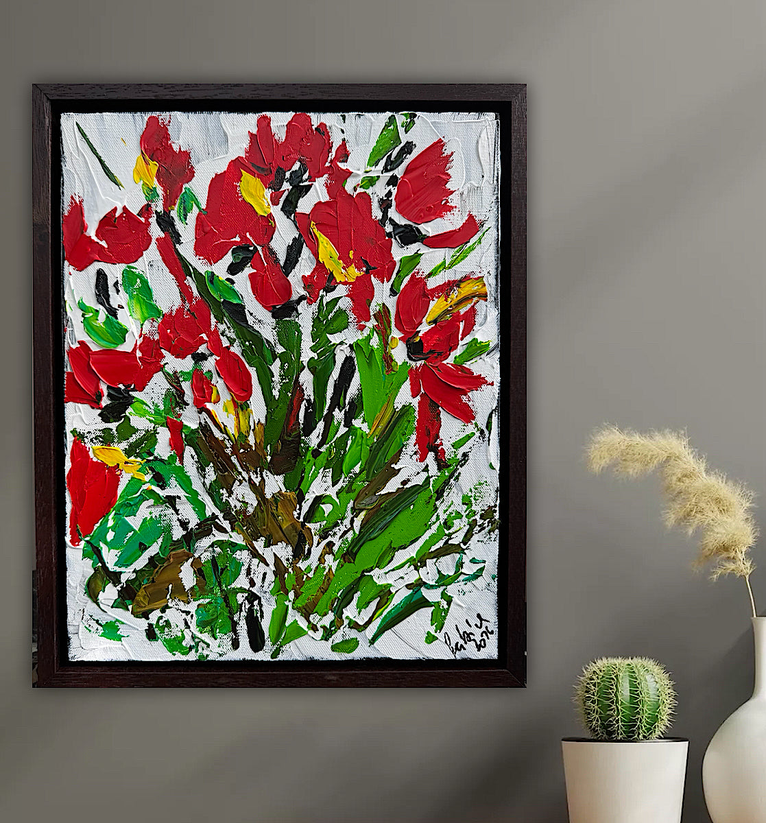 Framed Original Contemporary Abstract Oil Painting On Canvas 38 x 32cm ‘ Red Flowers