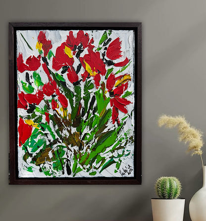 Framed Original Contemporary Abstract Oil Painting On Canvas 38 x 32cm ‘ Red Flowers