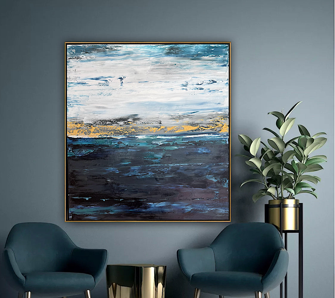 Framed in gold oak frame Original Abstract contemporary Oil Painting On Canvas 77x70cm  textured Oka Coastal Line