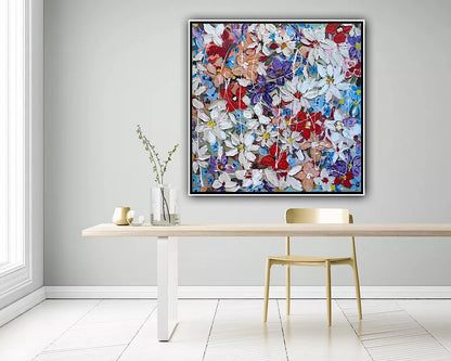 Framed Original Abstract Oil Painting On Canvas 80x80cm Roses & more Flowers Textured