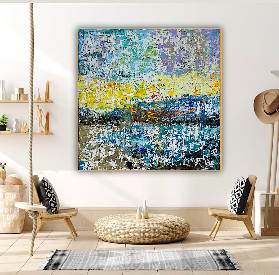 Original Abstract Oil Painting On Canvas Textured 100x100cm  Tides of Radiance (seaside)
