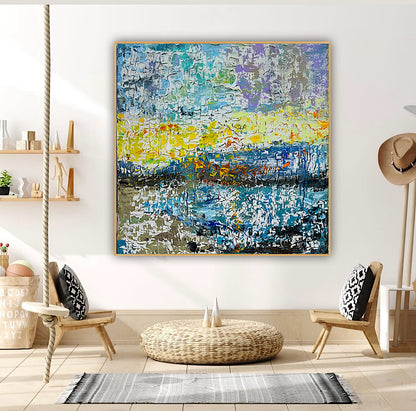Original Abstract Oil Painting On Canvas Textured 100x100cm  Tides of Radiance (seaside)