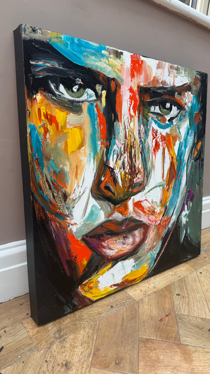 Original Abstract mixed media oil Painting On Canvas 50x50cm male portrait ‘Fernando’ oka