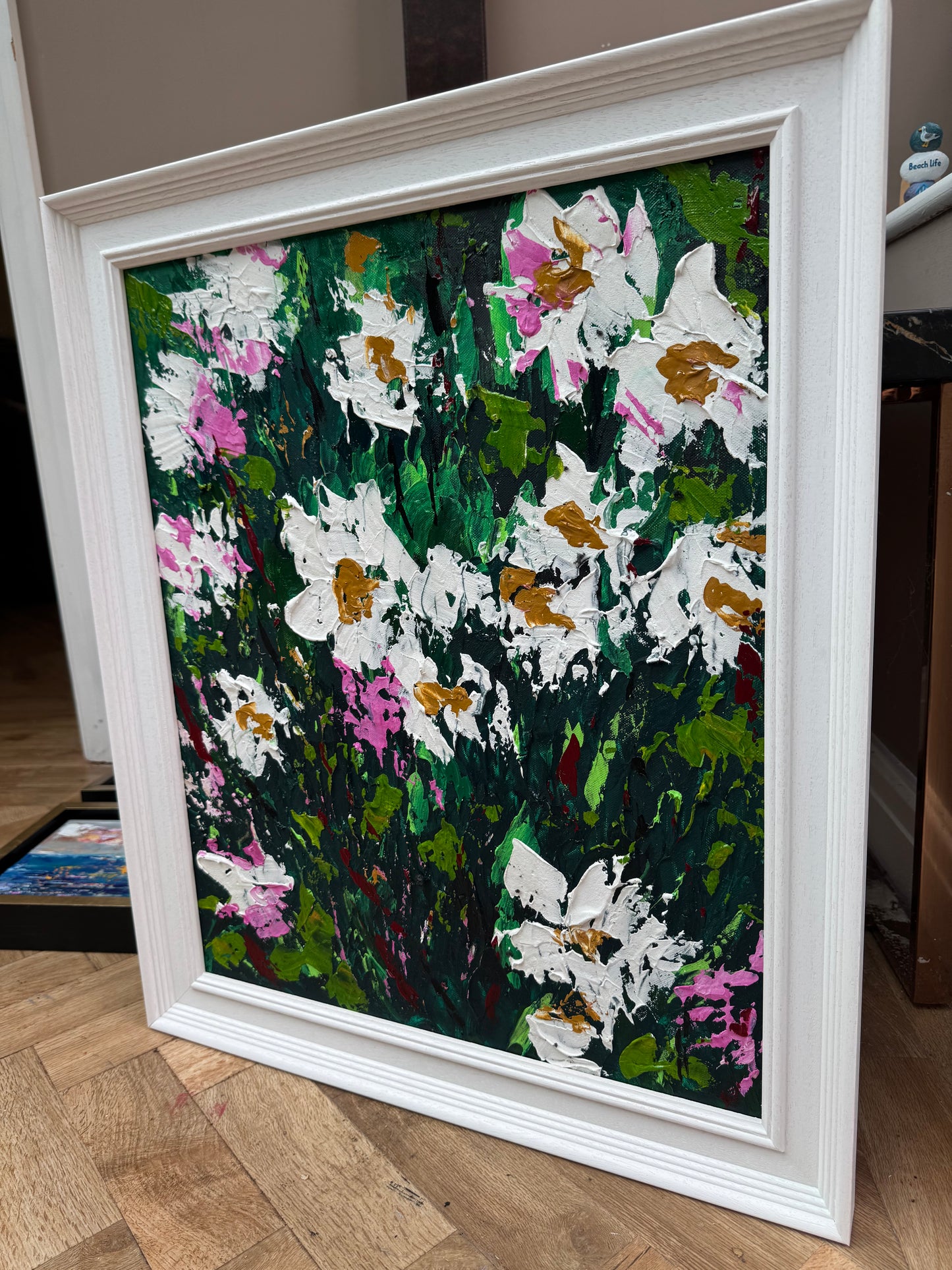Original Abstract Oil Painting On Canvas framed 60 x 50cm garden white flowers I Oka