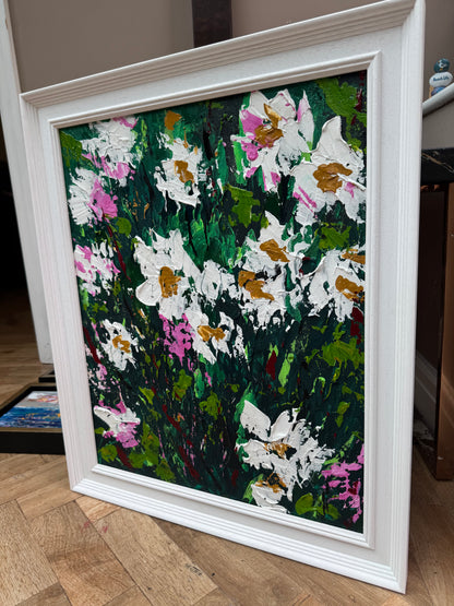 Original Abstract Oil Painting On Canvas framed 60 x 50cm garden white flowers I Oka