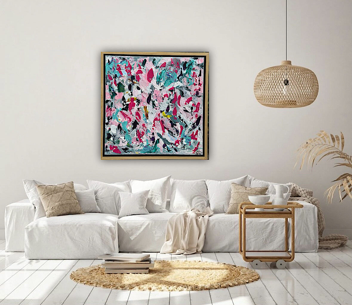 Abstract Original Oil Painting On 50x50cm canvas textured Painting ‘Summer Garden’ Oka framed in solid oak frame