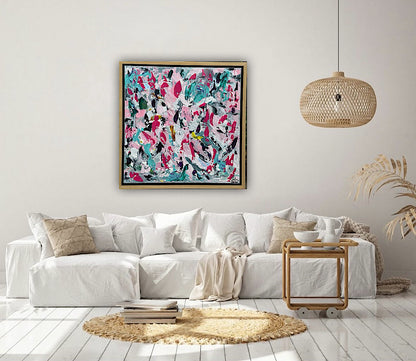 Abstract Original Oil Painting On 50x50cm canvas textured Painting ‘Summer Garden’ Oka framed in solid oak frame