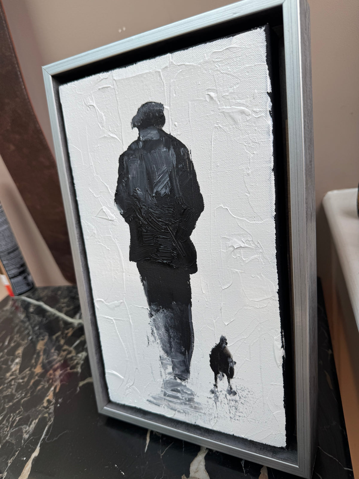 Framed in silver textured Original Contemporary Abstract Oil Painting On Canvas 22x35cm Pals (man and his dog)