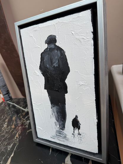 Framed in silver textured Original Contemporary Abstract Oil Painting On Canvas 22x35cm Pals (man and his dog)