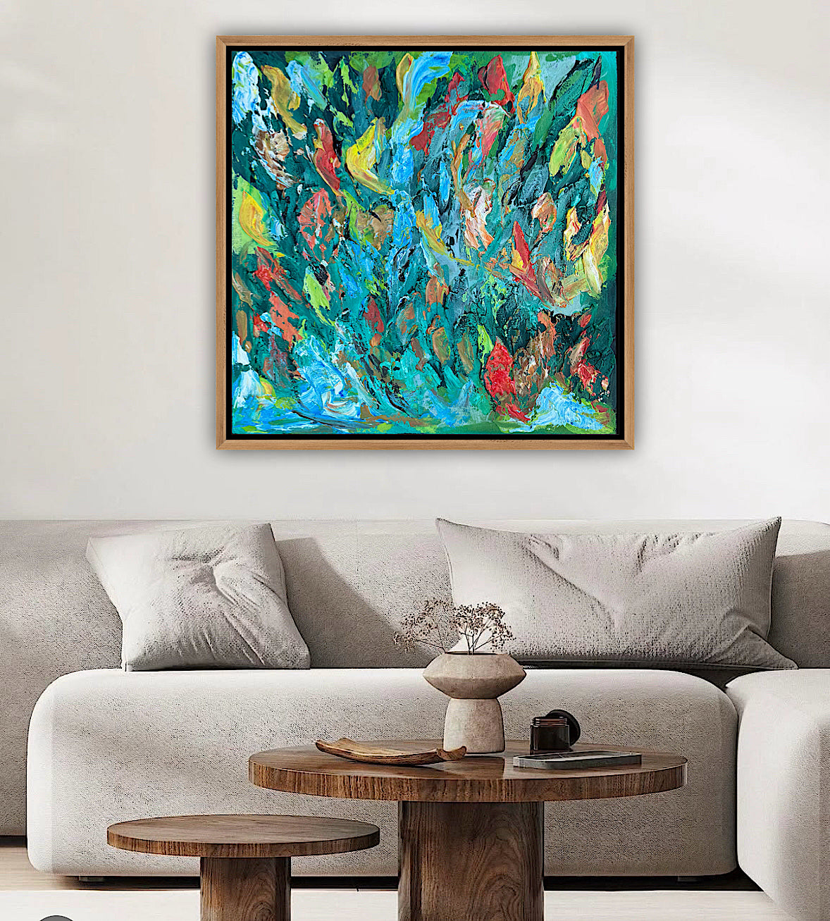 Framed in oak Original Abstract contemporary Oil Painting On Canvas 55x55cm Velvet Tides textured Oka