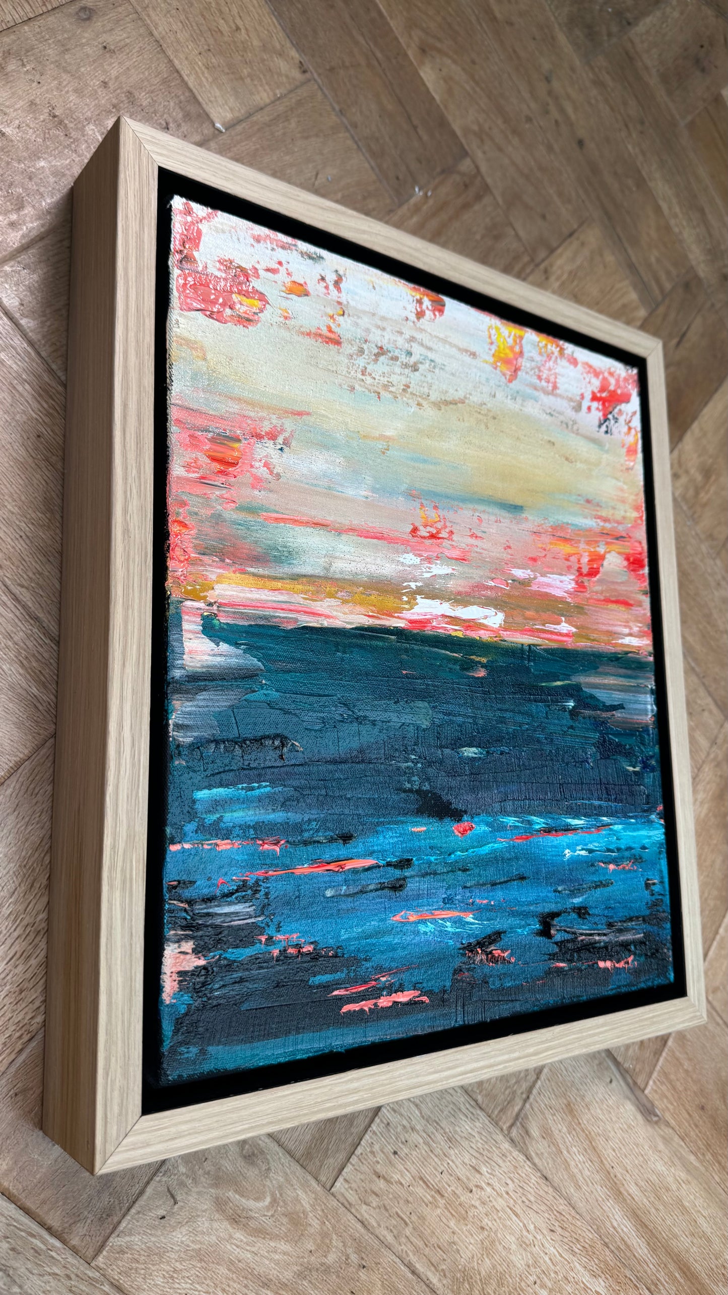 Framed in oak Original Abstract contemporary Oil Painting On Canvas 38x33cm  textured Oka Elysian Waters