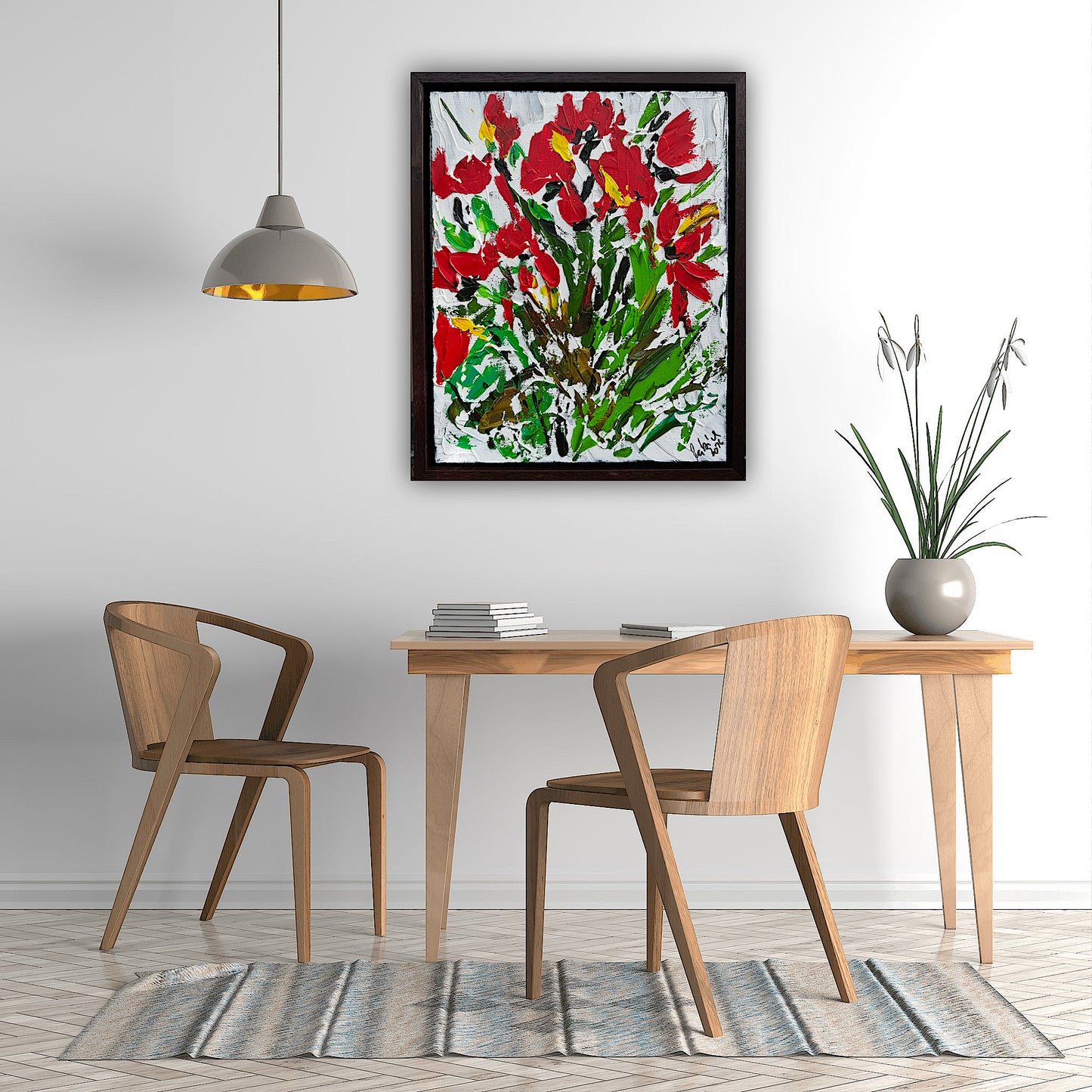 Framed Original Contemporary Abstract Oil Painting On Canvas 38 x 32cm ‘ Red Flowers