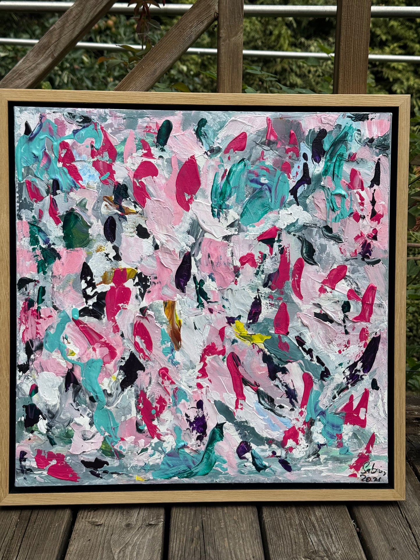 Abstract Original Oil Painting On 50x50cm canvas textured Painting ‘Summer Garden’ Oka framed in solid oak frame
