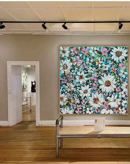 Original Abstract Oil Painting On deep edge Canvas 100x100cm Daisies & more Flowers Textured