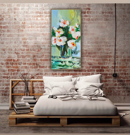 Oka Contemporary Abstract Original Oil Painting on 30cm x 60cm canvas textured White Roses floral love