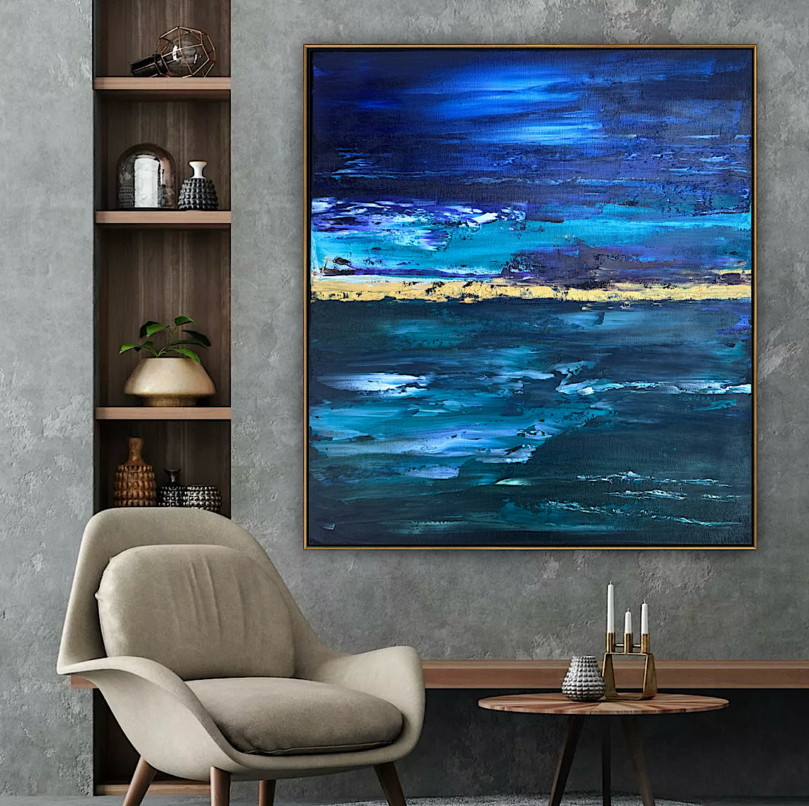 Framed in gold oak frame Original Abstract contemporary Oil Painting On Canvas 55x50cm  textured Oka Night Ocean