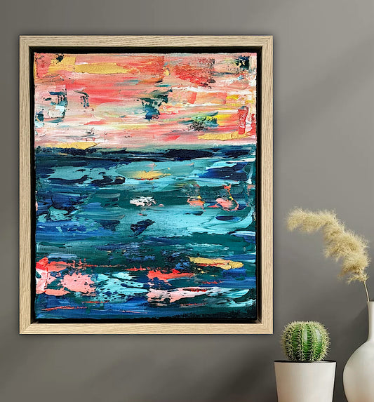 Framed in oak Original Abstract contemporary Oil Painting On Canvas 40x35cm  textured Oka Azure Ember