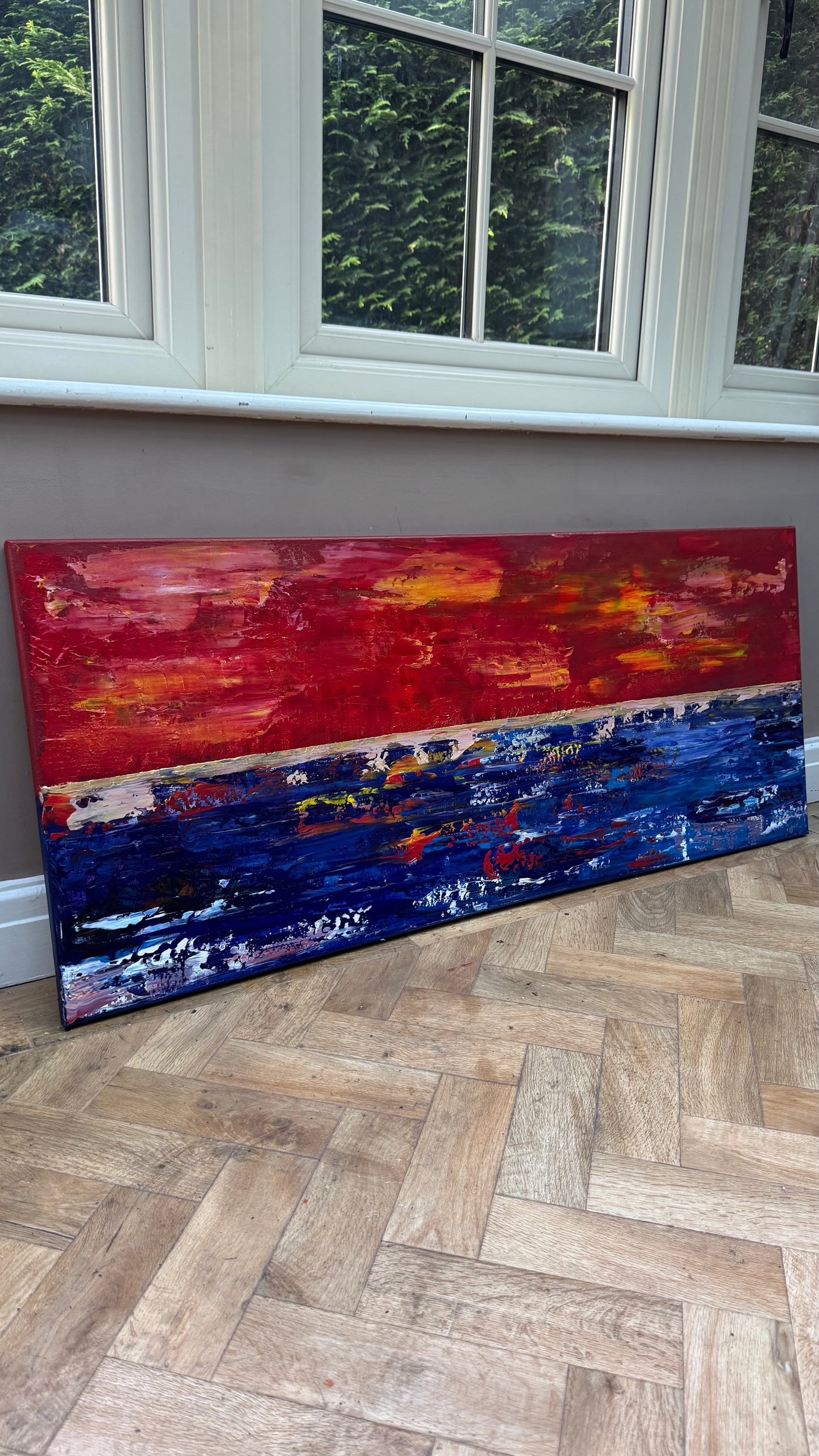 Abstract original Oil Painting On Canvas ‘Orange horizon’ 120cm X 50cm textured landscape