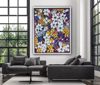 Framed Original Abstract Oil Painting On Canvas 80 x 65cm white flowers in bloom textured framed