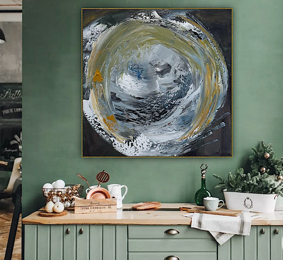 Original Abstract mixed media oil acrylic wax Painting On Canvas 50x50cm Gold & Ash Orbit oka