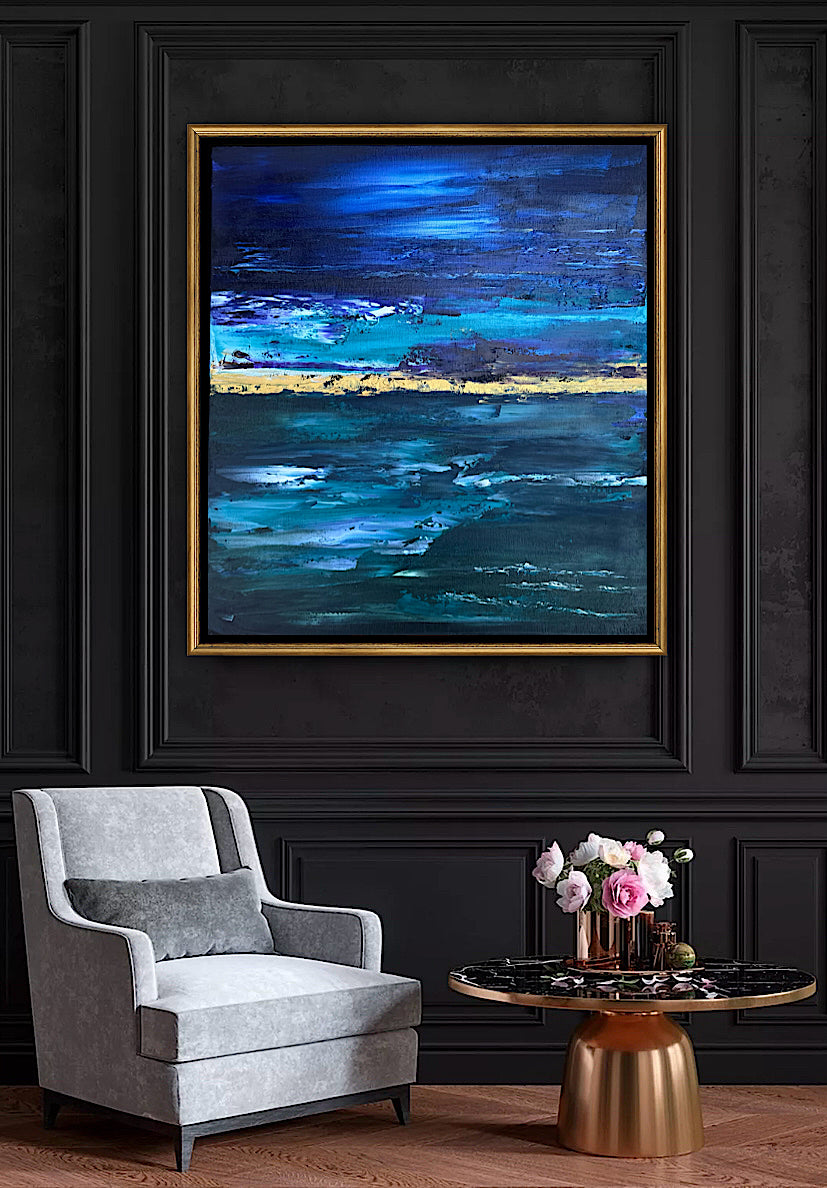 Framed in gold oak frame Original Abstract contemporary Oil Painting On Canvas 55x50cm  textured Oka Night Ocean