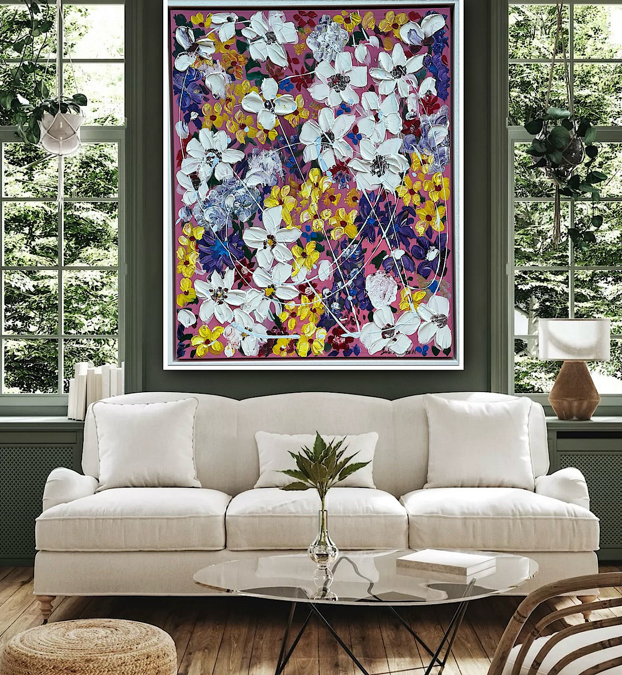 Framed Original Abstract Oil Painting On Canvas 80 x 65cm white flowers in bloom textured framed