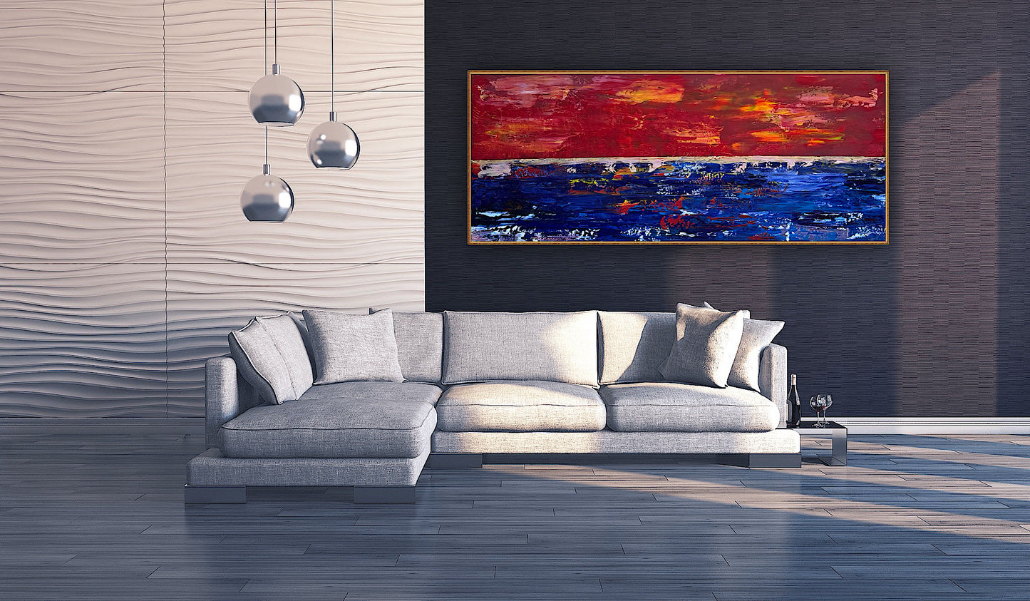 Abstract original Oil Painting On Canvas ‘Orange horizon’ 120cm X 50cm textured landscape