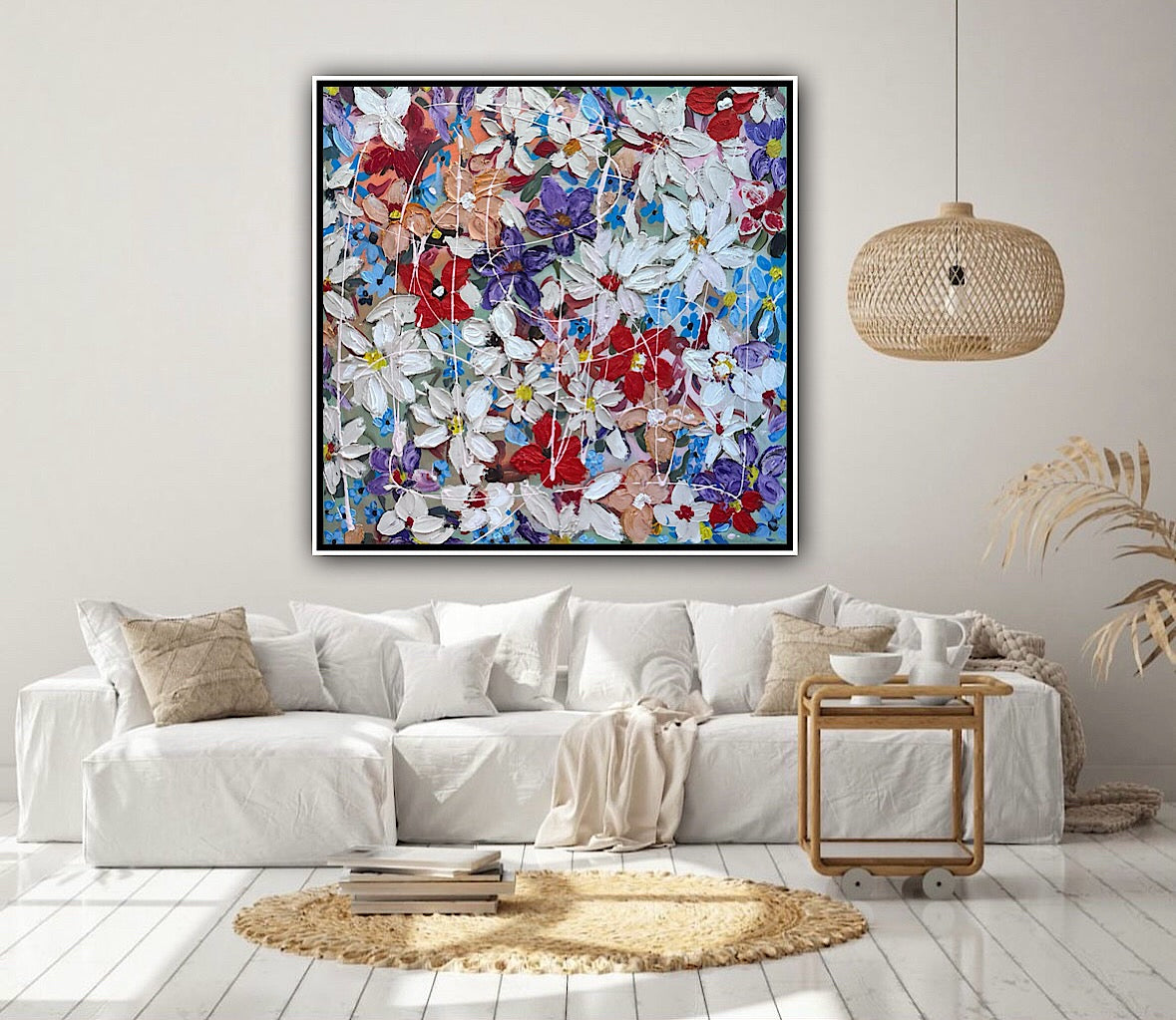 Framed Original Abstract Oil Painting On Canvas 80x80cm Roses & more Flowers Textured