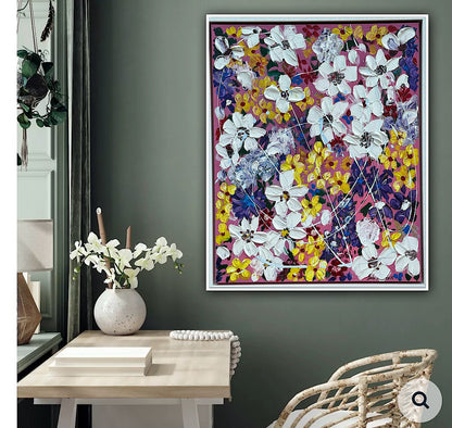 Framed Original Abstract Oil Painting On Canvas 80 x 65cm white flowers in bloom textured framed