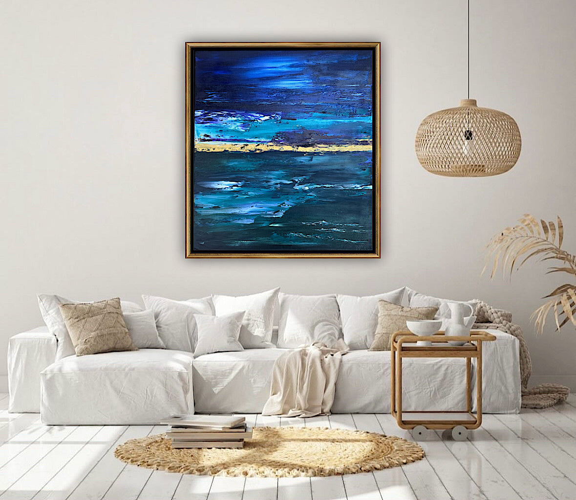 Framed in gold oak frame Original Abstract contemporary Oil Painting On Canvas 55x50cm  textured Oka Night Ocean