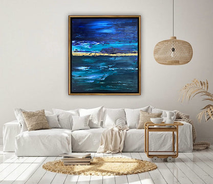 Framed in gold oak frame Original Abstract contemporary Oil Painting On Canvas 55x50cm  textured Oka Night Ocean