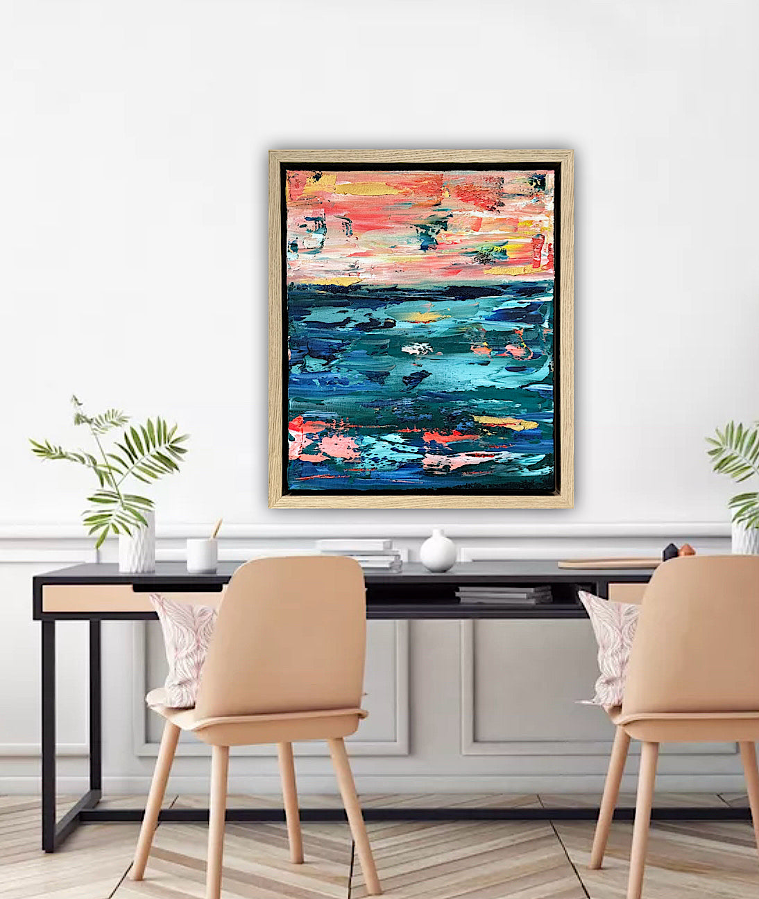 Framed in oak Original Abstract contemporary Oil Painting On Canvas 40x35cm  textured Oka Azure Ember