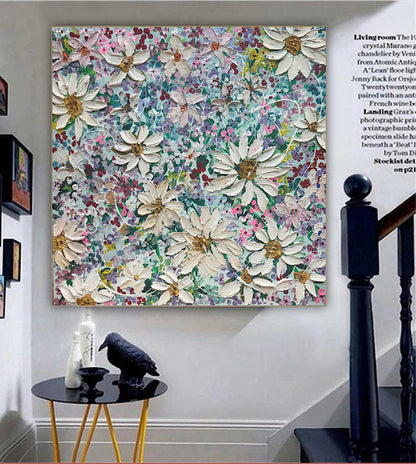 Original Abstract Oil Painting On deep edge Canvas 80x80cm Summer Flowers and more Flowers Textured