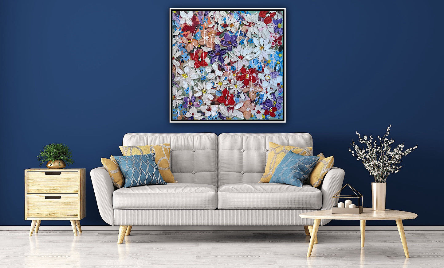 Framed Original Abstract Oil Painting On Canvas 80x80cm Roses & more Flowers Textured