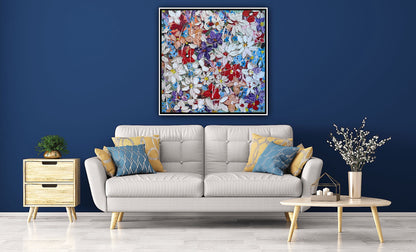 Framed Original Abstract Oil Painting On Canvas 80x80cm Roses & more Flowers Textured