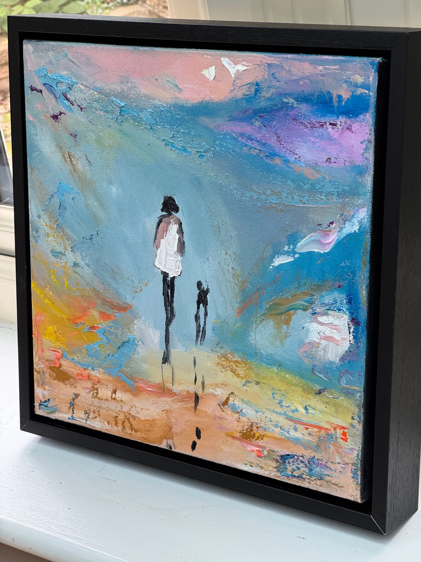 Framed in black frame Original Abstract contemporary Oil Painting On Canvas 35x35cm Woman and a dog ‘Little steps ‘