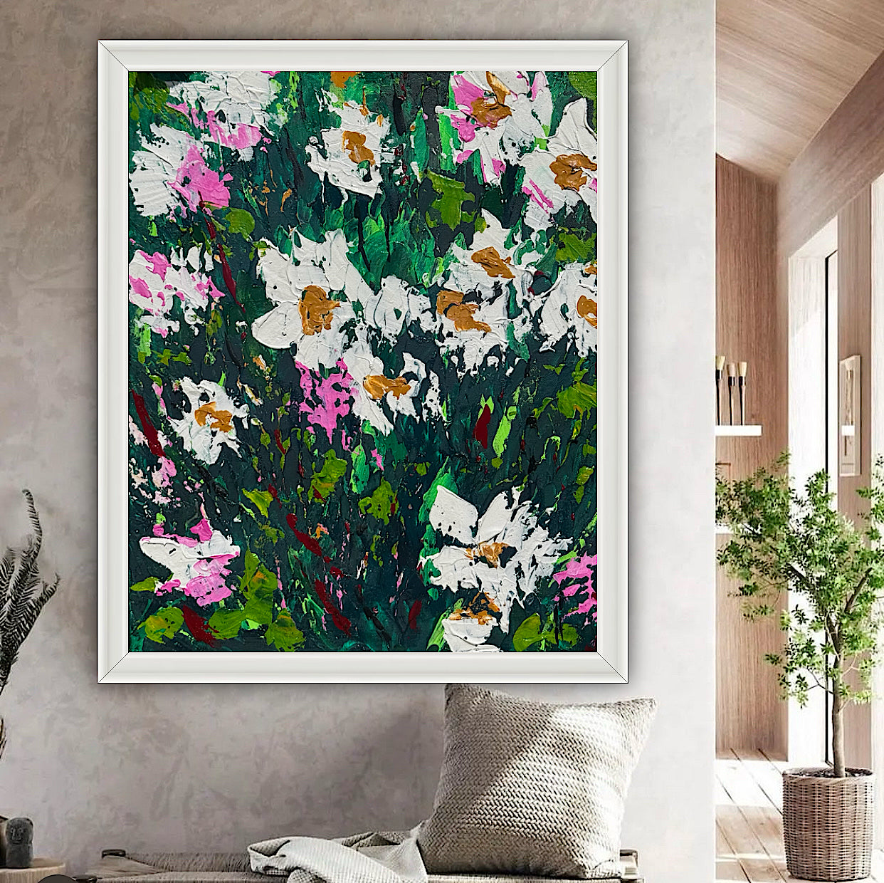 Original Abstract Oil Painting On Canvas board 60 x 50cm garden white flowers I Oka